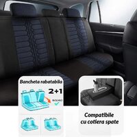 Set Huse Scaune Auto pentru Toyota Rav 4 - Panda Londra, cu fermoare pentru bancheta rabatabila, albastru - negru , 11 piese