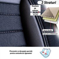 Set Huse Scaune Auto pentru Toyota Rav 4 - Panda Londra, cu fermoare pentru bancheta rabatabila, albastru - negru , 11 piese