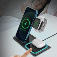 Incarcator wireless 15W 3in1 pentru telefon, ceas si casti, intrare USB Type C, negru 