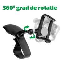 Suport auto pentru telefon, rotativ 360, prindere cu clema pe bord, negru
