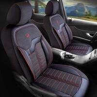 Set Huse Scaune Auto Panda Londra, cu fermoare pentru bancheta rabatabila, negru cu cusatura rosie, 11 piese