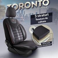 Set Huse Scaune Auto Panda Toronto, tip Alcantara, cu fermoare pentru bancheta rabatabila, negru cu cusatura rosie, 11 piese