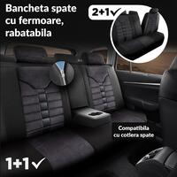Set Huse Scaune Auto Panda Toronto, tip Alcantara, cu fermoare pentru bancheta rabatabila, negru cu cusatura rosie, 11 piese