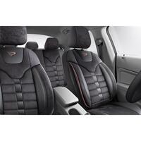 Set Huse Scaune Auto Panda Toronto, tip Alcantara, cu fermoare pentru bancheta rabatabila, negru cu cusatura rosie, 11 piese