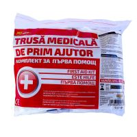 Kit siguranta auto RoGroup – trusa medicala, 2 x triunghi, stingator, vesta + geanta depozitare