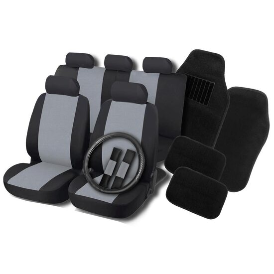 Set huse scaune, volan si covorase auto RoGroup, negru-gri,  16 buc