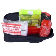 Kit siguranta auto RoGroup – trusa medicala, 2 x triunghi, stingator, vesta + geanta depozitare