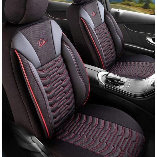 Set Huse Scaune Auto pentru Audi A7 - Panda Paris, Negru cu cusatura rosie, 11 piese