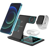 Incarcator wireless 15W 3in1 pentru telefon, ceas si casti, intrare USB Type C, negru 