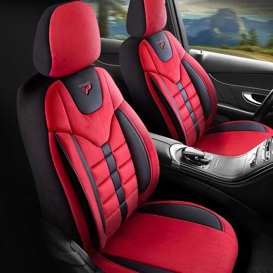 Set Huse Scaune Auto Panda Toronto, tip Alcantara, cu fermoare pentru bancheta rabatabila, rosu negru, 11 piese