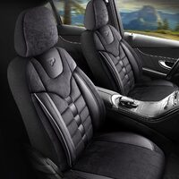 Set Huse Scaune Auto Panda Toronto, tip Alcantara, cu fermoare pentru bancheta rabatabila, negru, 11 piese