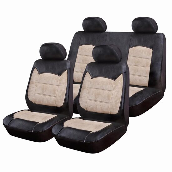Huse Scaune Auto Luxury Negru Crem, cu fermoare pentru bancheta rabatabila, 9 bucati