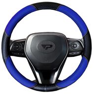 Husa volan tip fibra carbon negru cu insertii piele ecologica perforata albastra, 38 cm