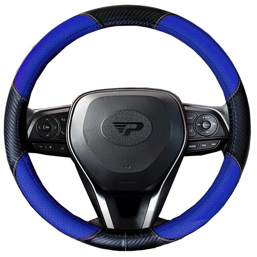 Husa volan tip fibra carbon negru cu insertii piele ecologica perforata albastra, 38 cm