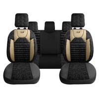 Set Autositzbezüge Panda PSC02, Textilmaterial mit ökologischem Leder, mit Reißverschlüssen für die Klappbank, schwarz mit beige, 11-teilig