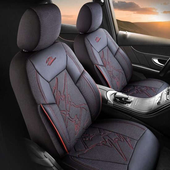 Set of Panda Nepal Car Seat Covers, textile material with ecological leather, with zippers for the folding bench, black with red stitching, 11 pieces