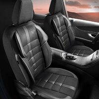Set Panda Uludag Autositzbezüge, Textilmaterial mit ökologischem Leder, mit Reißverschlüssen für den Klappsitz, schwarz und grau, 11 Stück
