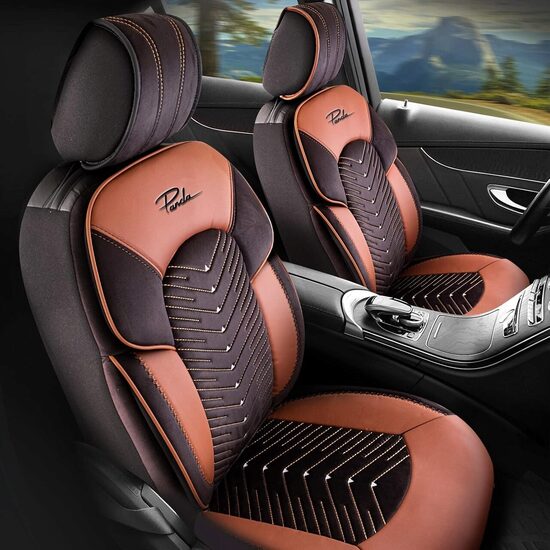 Set of Panda Dubai Car Seat Covers, textile material with ecological leather, with zippers for the folding bench, black brown, 11 pieces