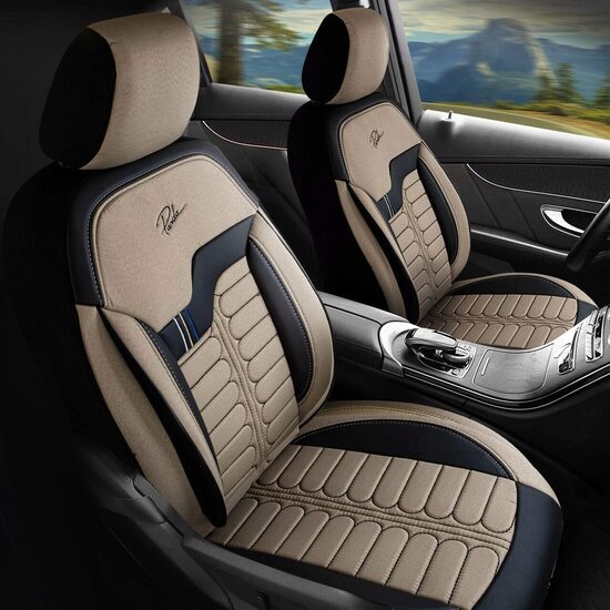 Panda London Car Seat Cover Set - Volvo C30, with zippers for the folding bench, beige - black, 11 pieces